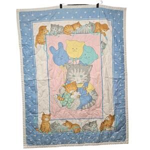 Vintage Handmade Kitten Cat Quilt Blanket Handcrafted Throw Nursery Decor